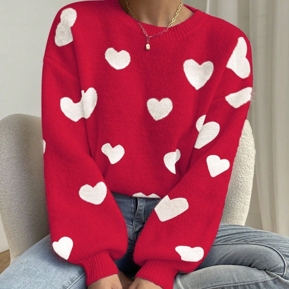 Women's Heart Patterned Round Neck Pullover Sweater - Picture 1 of 4